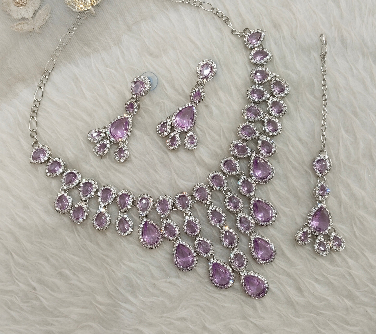 Lavender Silver Zircon Necklace Indian Jewellery Shami Set