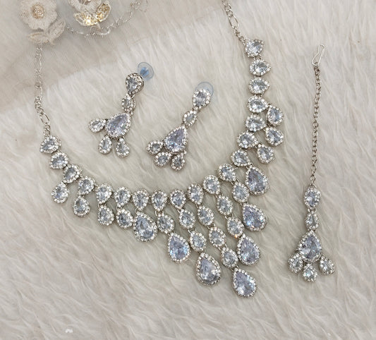 White Silver Zircon Necklace Indian Jewellery Shami Set