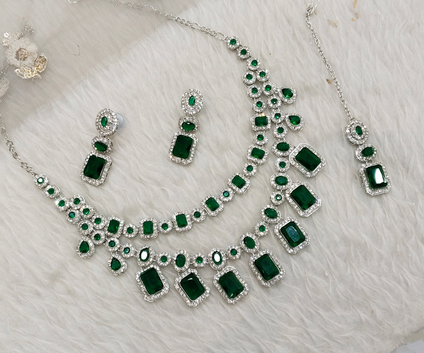 Green Silver Zircon Necklace Indian Jewellery Siraj Set