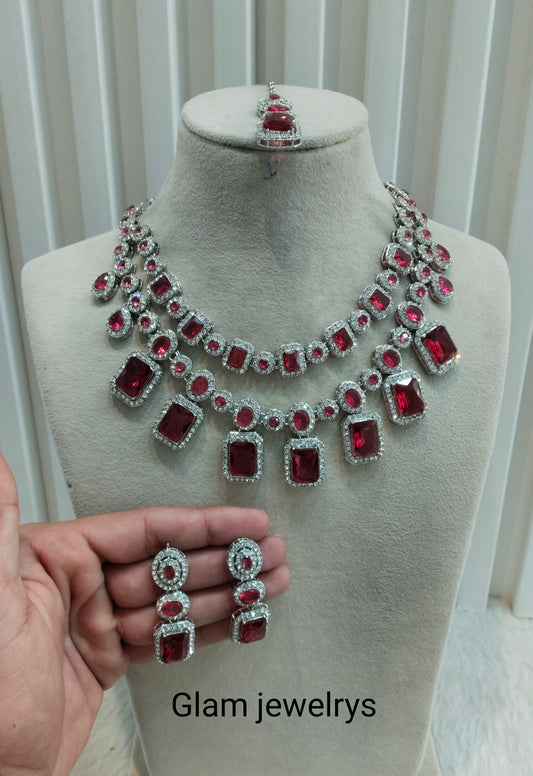 Ruby Silver Zircon Necklace Indian Jewellery Siraj Set