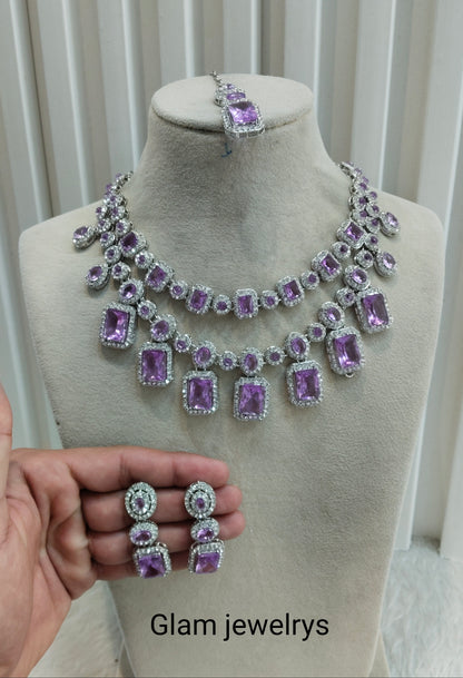 Lavender Silver Zircon Necklace Indian Jewellery Siraj Set