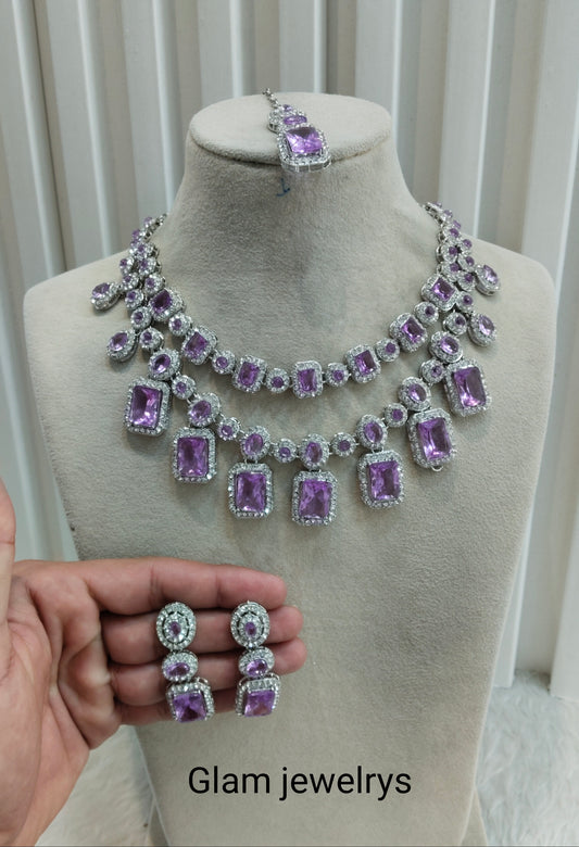 Lavender Silver Zircon Necklace Indian Jewellery Siraj Set