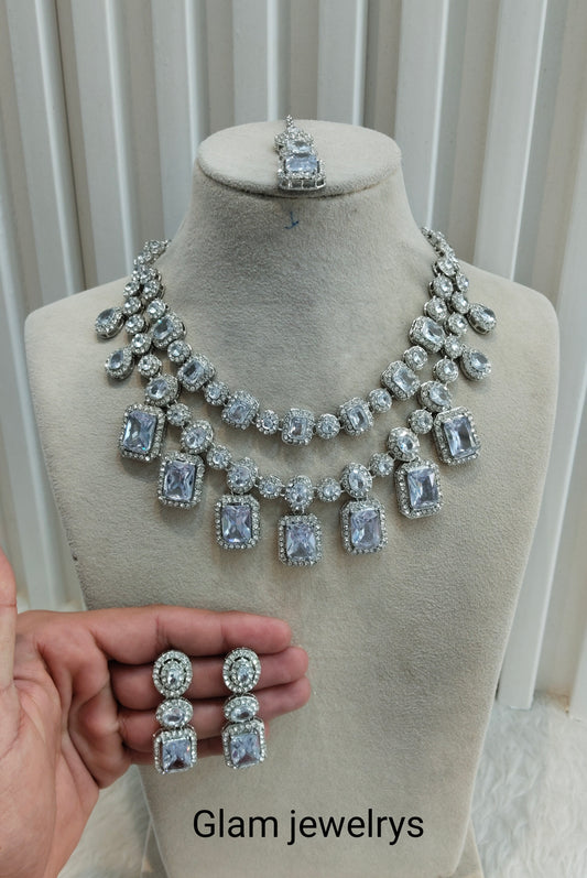 White Silver Zircon Necklace Indian Jewellery Siraj Set
