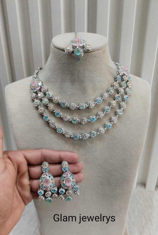 Multi Color Silver Zircon Necklace Indian Jewellery Varun Set