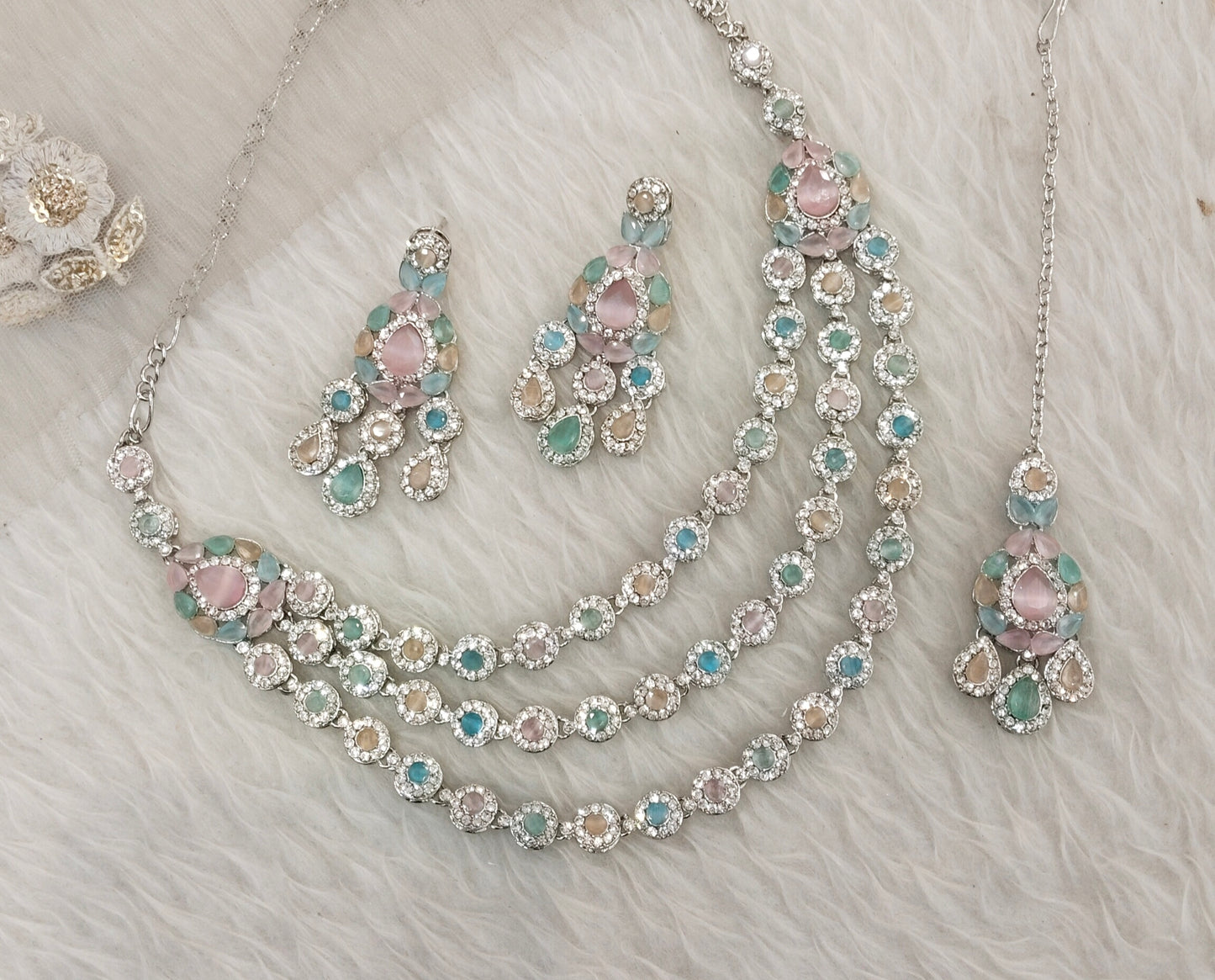 Multi Color Silver Zircon Necklace Indian Jewellery Varun Set