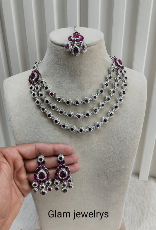 Purple Silver Zircon Necklace Indian Jewellery Varun Set