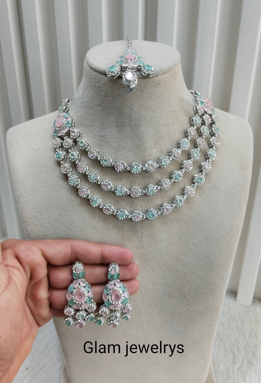 Mint Pink Silver Zircon Necklace Indian Jewellery Varun Set