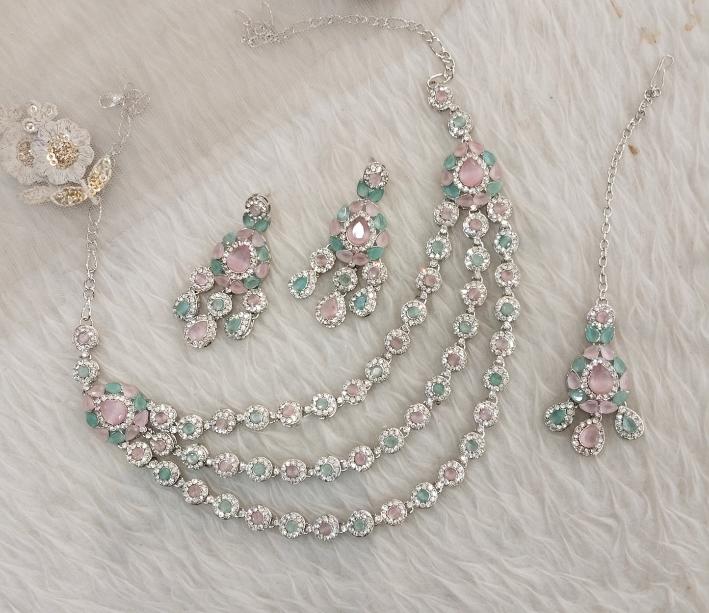 Mint Pink Silver Zircon Necklace Indian Jewellery Varun Set