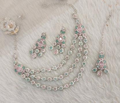 Mint Pink Silver Zircon Necklace Indian Jewellery Varun Set