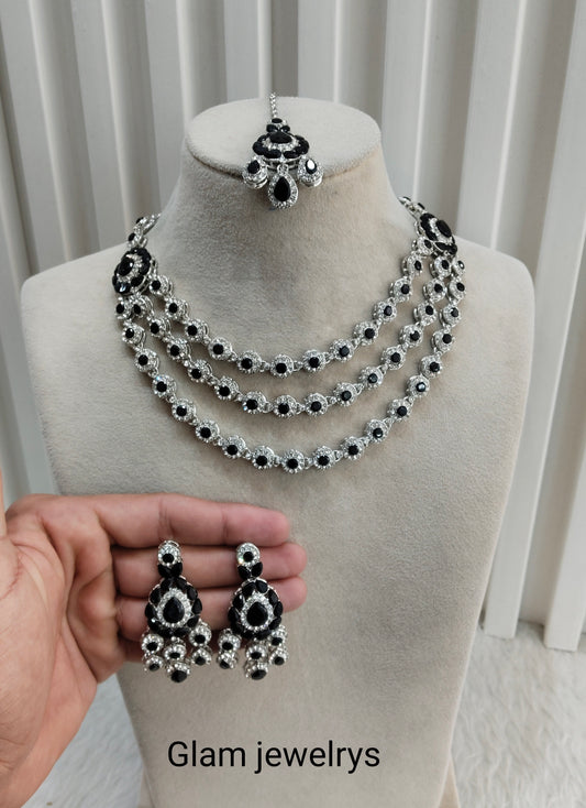 Black Silver Zircon Necklace Indian Jewellery Varun Set