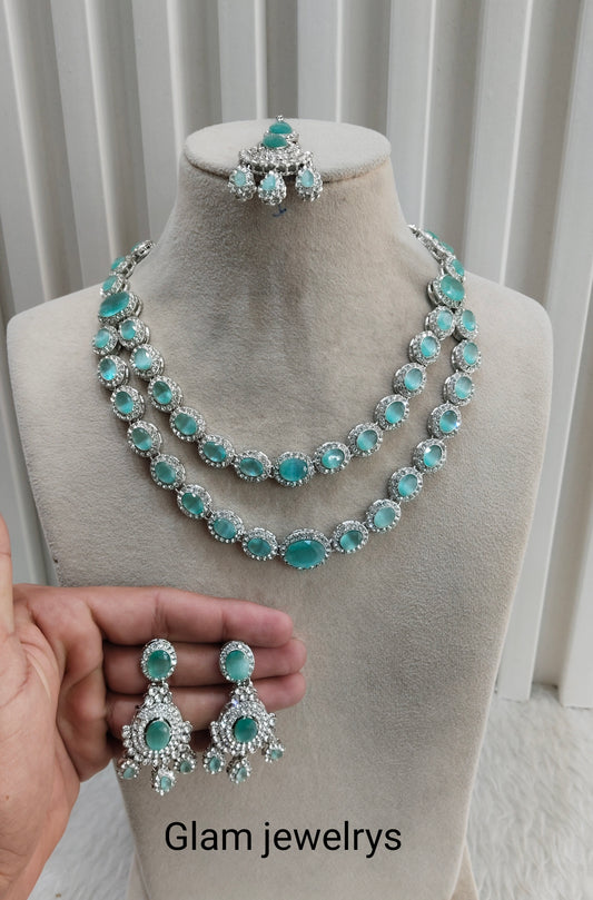 Pastel Green Silver Zircon Necklace Indian Jewellery Angel Set