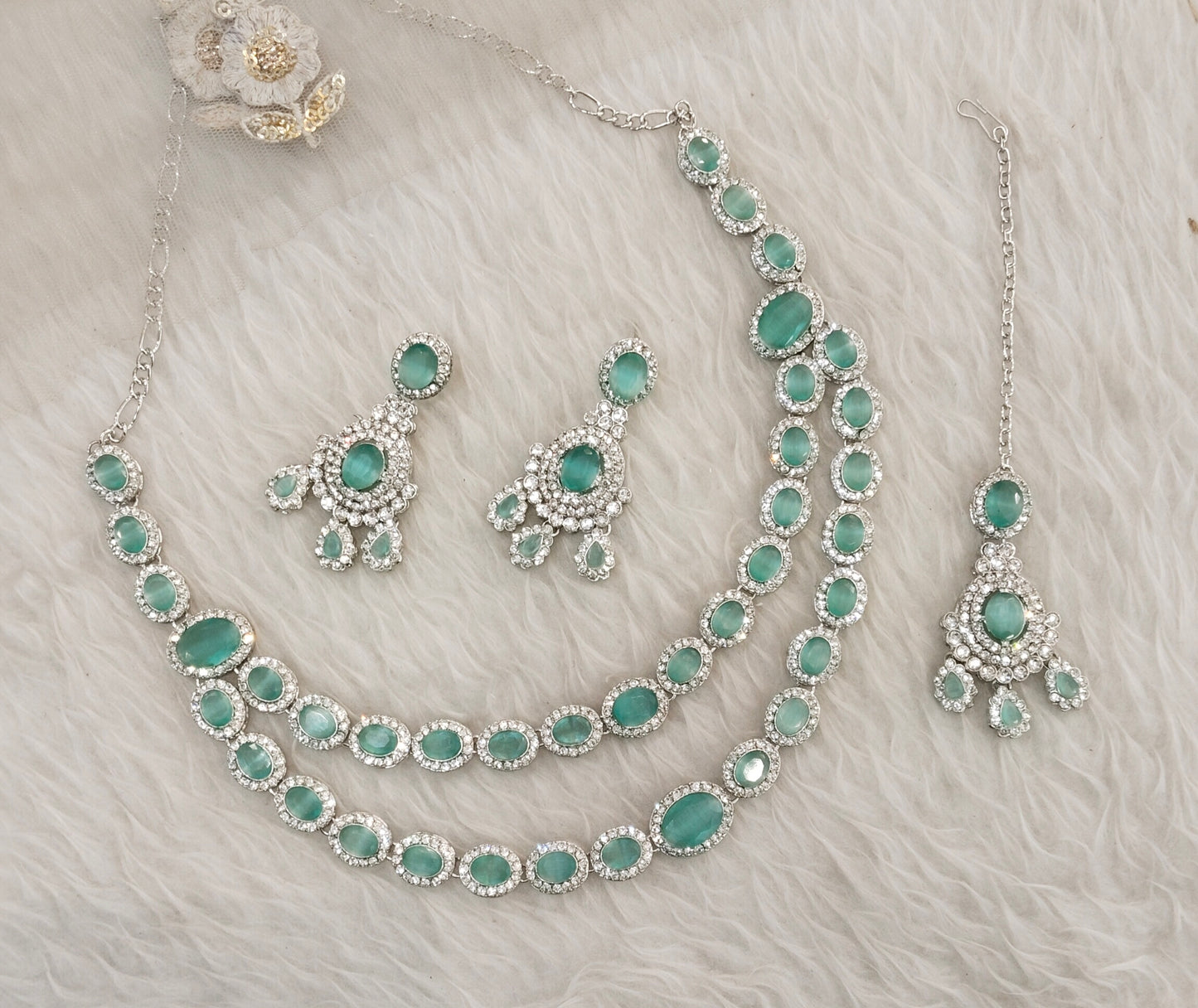 Pastel Green Silver Zircon Necklace Indian Jewellery Angel Set