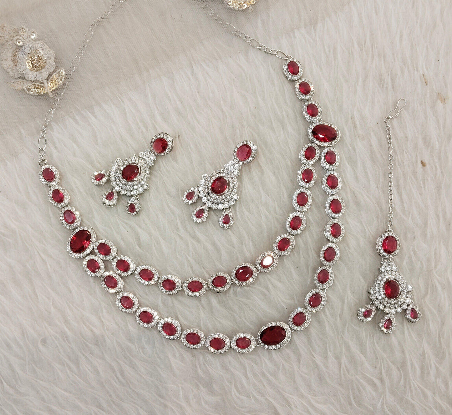 Ruby Silver Zircon Necklace Indian Jewellery Angel Set