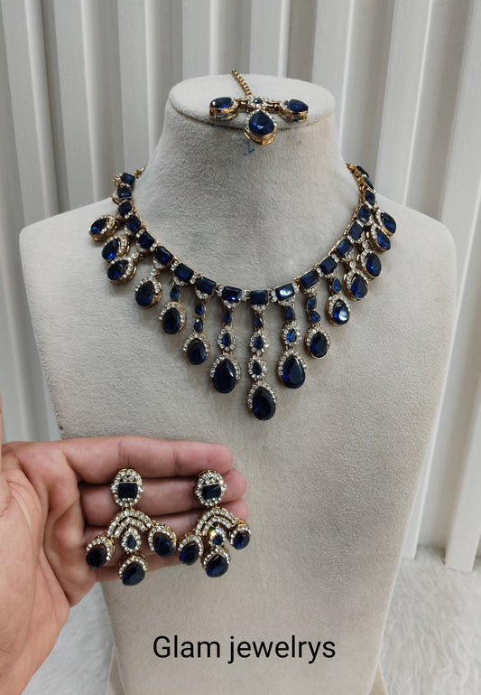 Blue Antique Gold Zircon Necklace Indian Jewellery Ekaksh Set