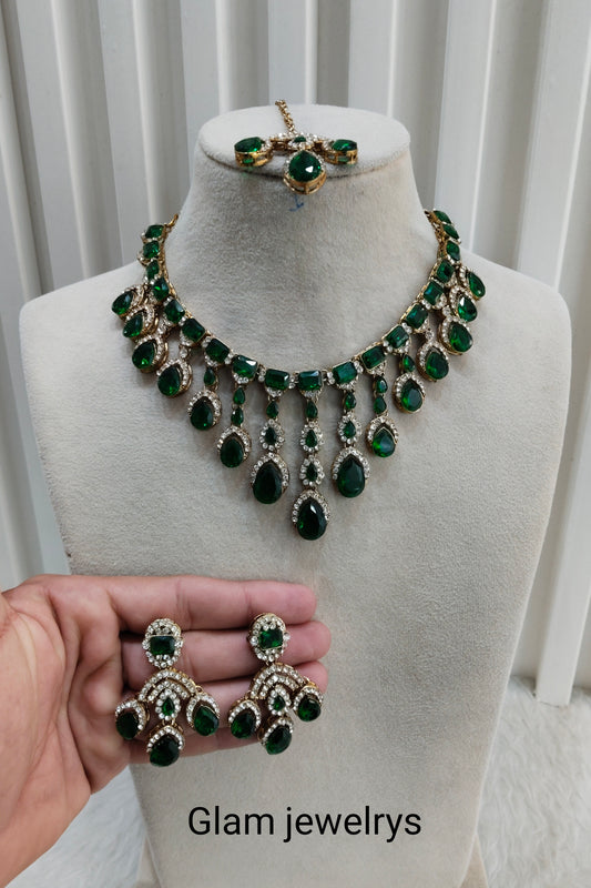 Green Antique Gold Zircon Necklace Indian Jewellery Ekaksh Set