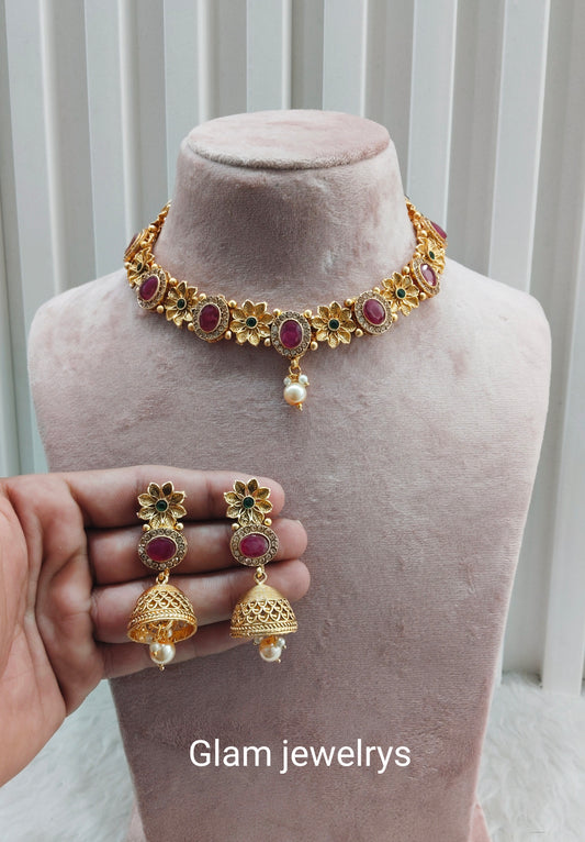 Ruby Green Gold Polki Necklace Indian Jewellery Santer Set