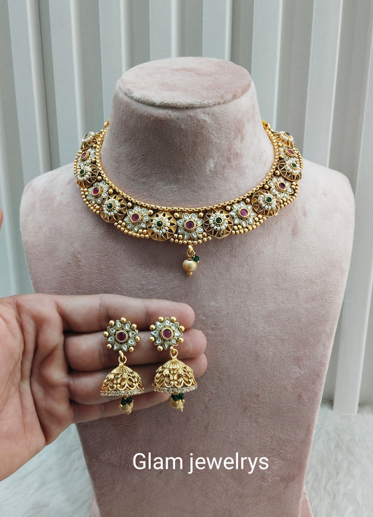 Ruby Green Gold Polki Necklace Indain Jewellery Santer Set