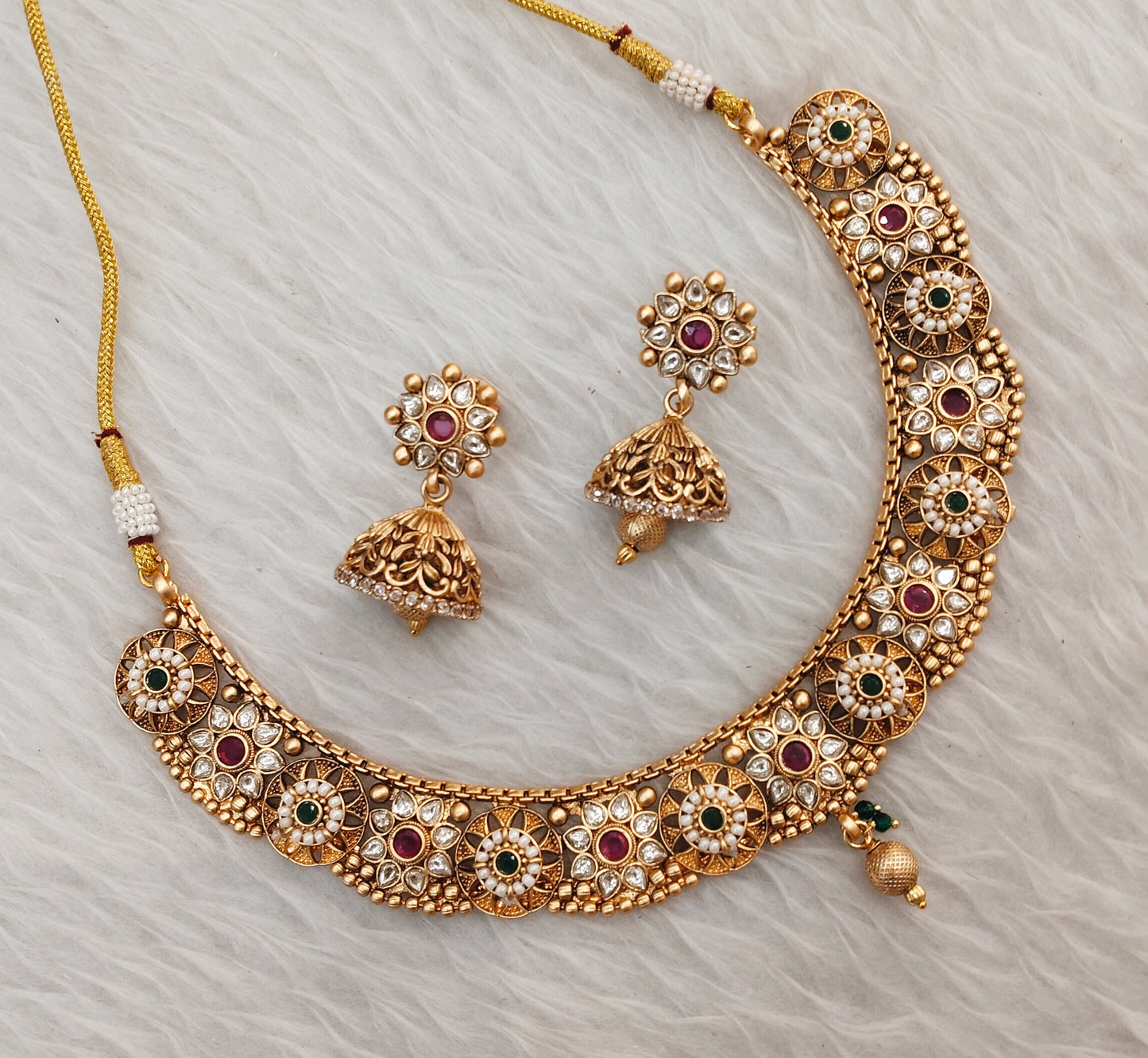 Ruby Green Gold Polki Necklace Indain Jewellery Santer Set