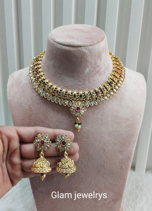 Ruby Green Gold Polki Necklace Indain Jewellery Santer Set