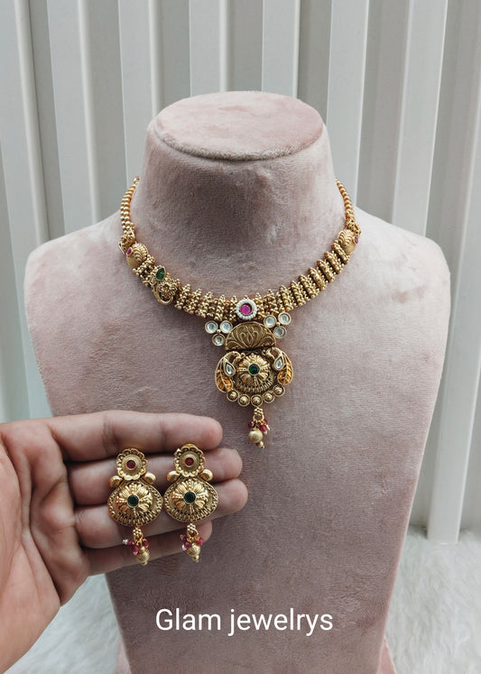 Ruby Green Gold Polki Necklace Indain Jewellery Rashid Set