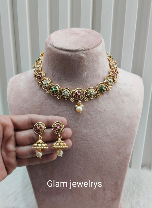 Ruby Green Gold Polki Necklace Indain Jewellery Rashid Set