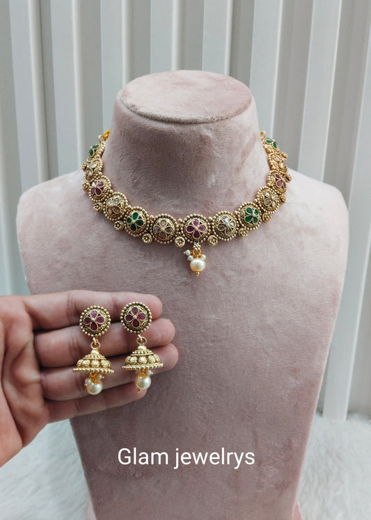Ruby Green Gold Polki Necklace Indian Jewellery Rashid Set