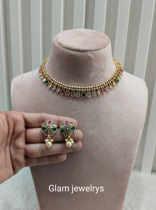 Ruby Green  Gold Polki Necklace Indian Jewellery Set