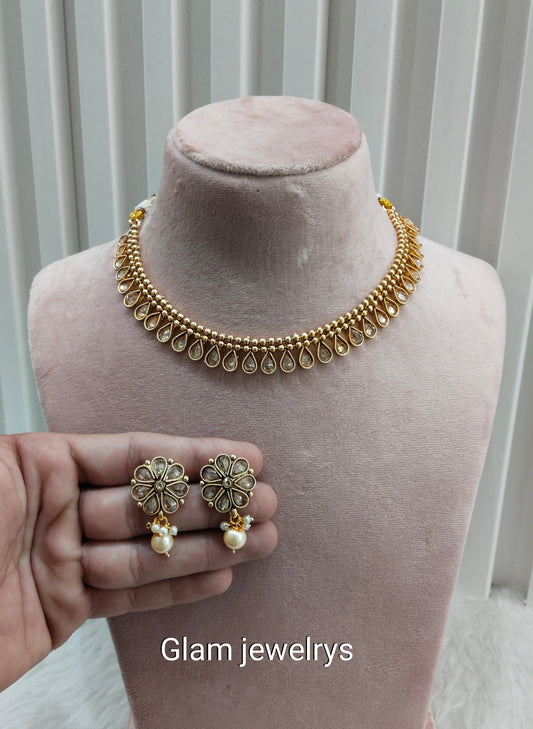 Gold Polki Necklace Indian Jewellery Set