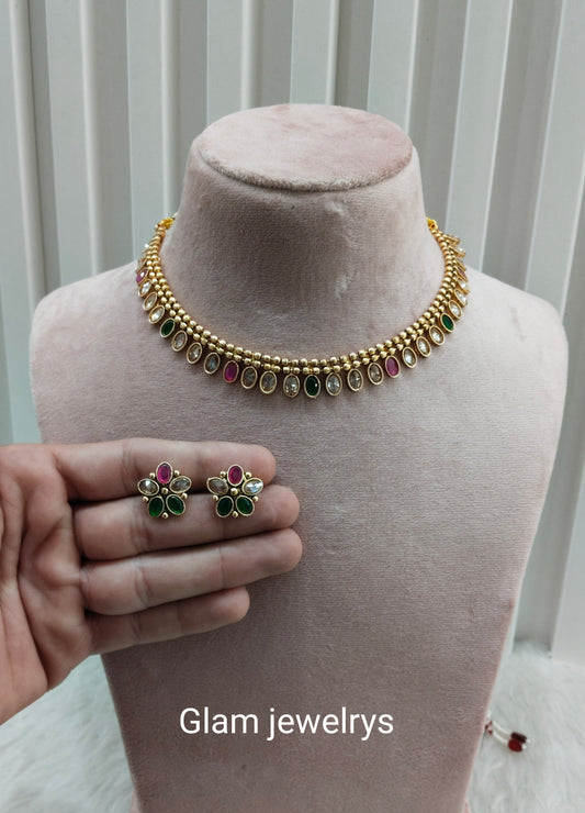 Ruby Green  Gold Polki Necklace Indian Jewellery Set