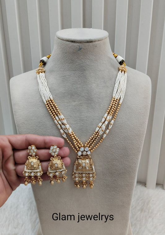 Gold Polki Long Rani Haar Necklace Indian Jewellery Inder Set