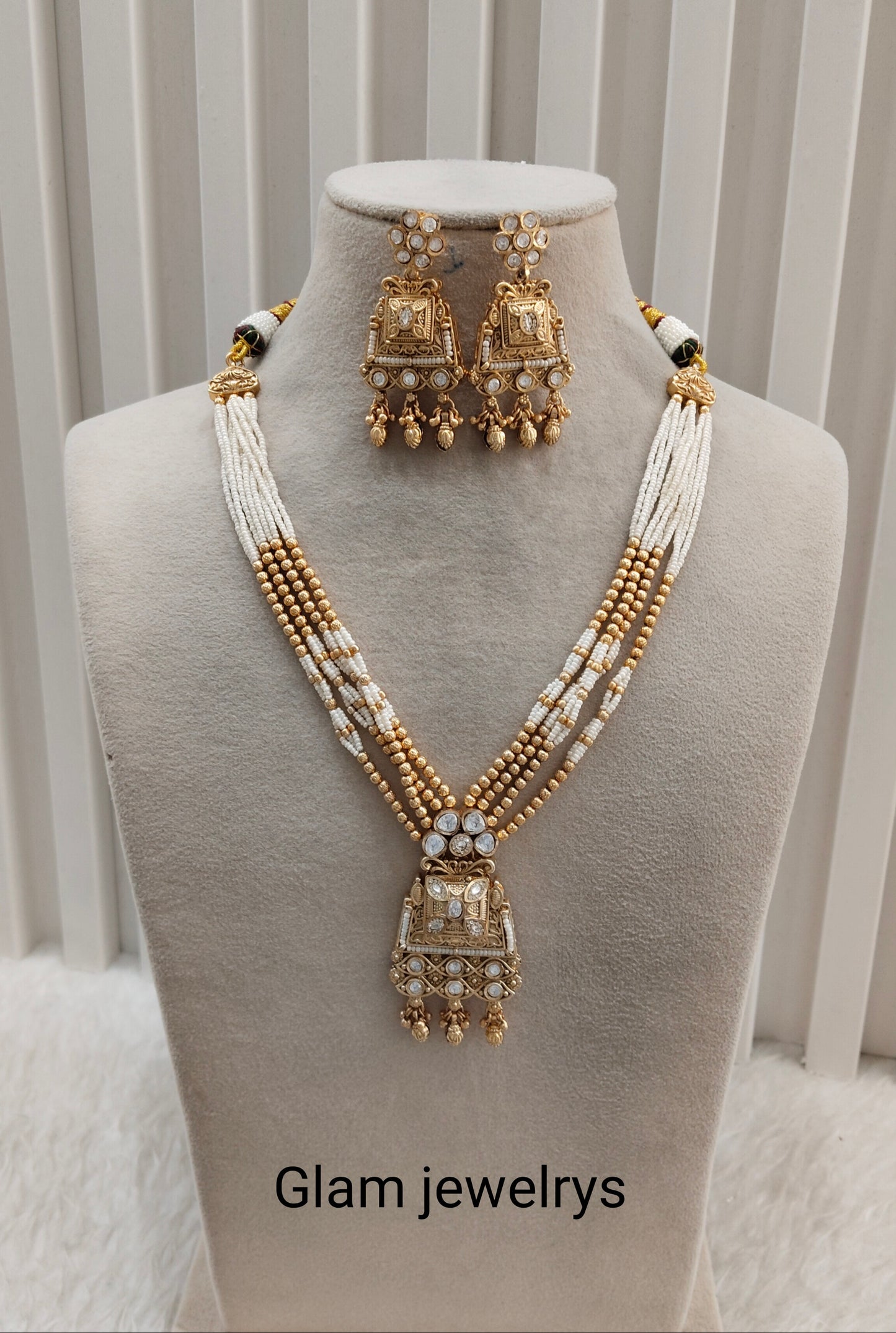 Gold Polki Long Rani Haar Necklace Indian Jewellery Inder Set