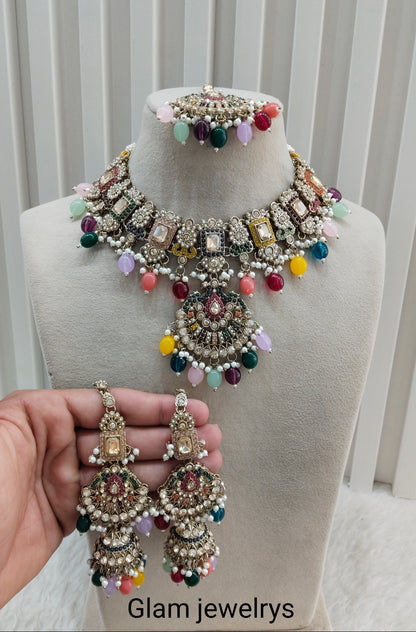 Multi Color Antique Gold Necklace Indian Jewellery Russel Set