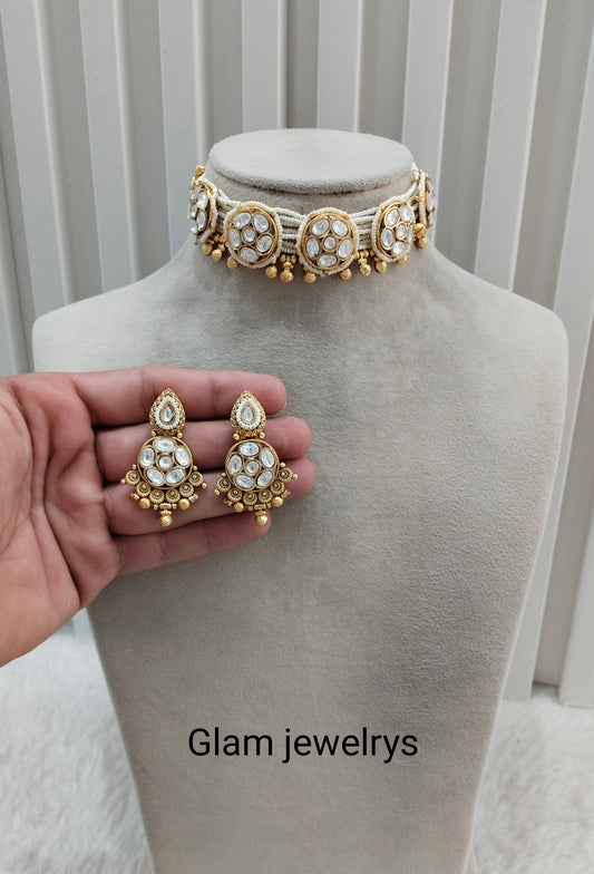 Gold Kundan Polki Choker Indian Jewellery Smile Set