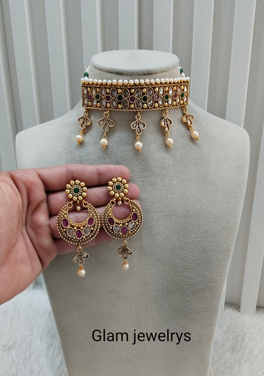 Ruby Green Gold Polki Choker Indian Jewellery Smile Set