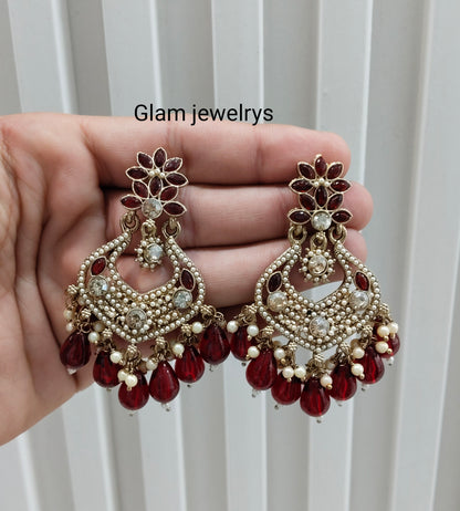 Maroon Antique Gold Bollywood Mukhmantri Indian Earrings