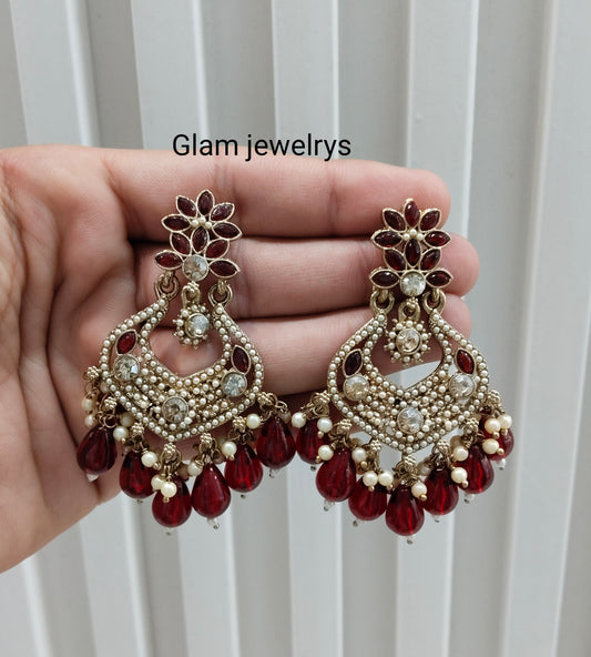 Maroon Antique Gold Bollywood Mukhmantri Indian Earrings