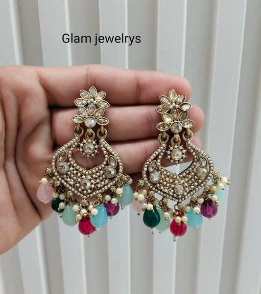 Multi Color Antique Gold Bollywood Mukhmantri Indian Earrings