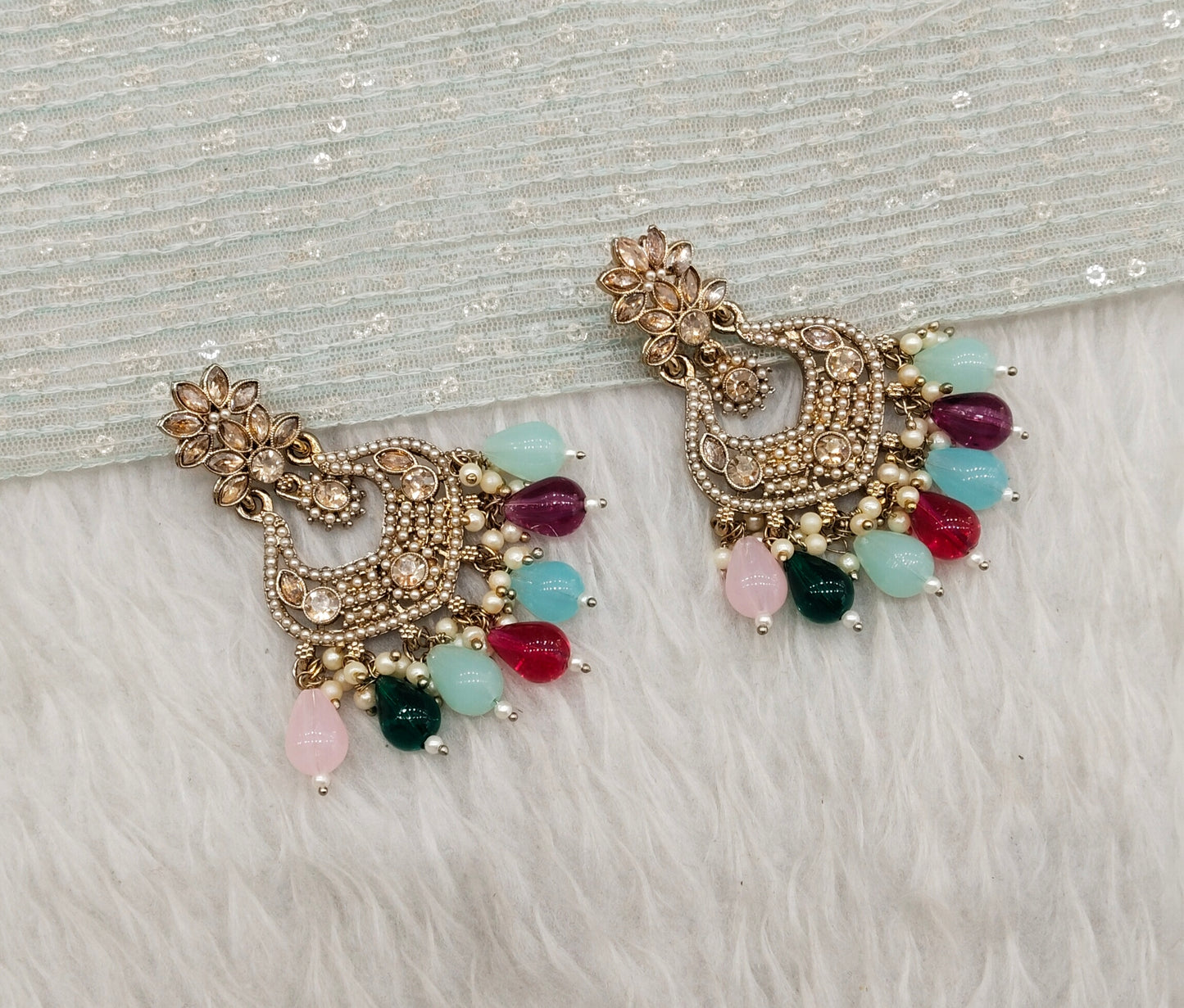 Multi Color Antique Gold Bollywood Mukhmantri Indian Earrings