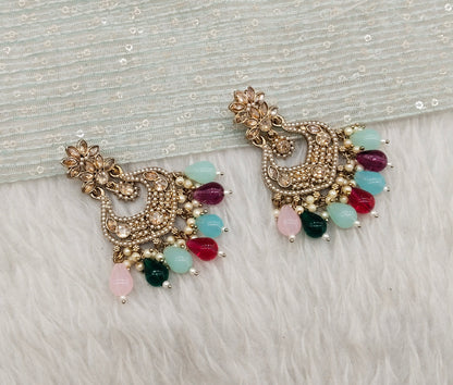 Multi Color Antique Gold Bollywood Mukhmantri Indian Earrings