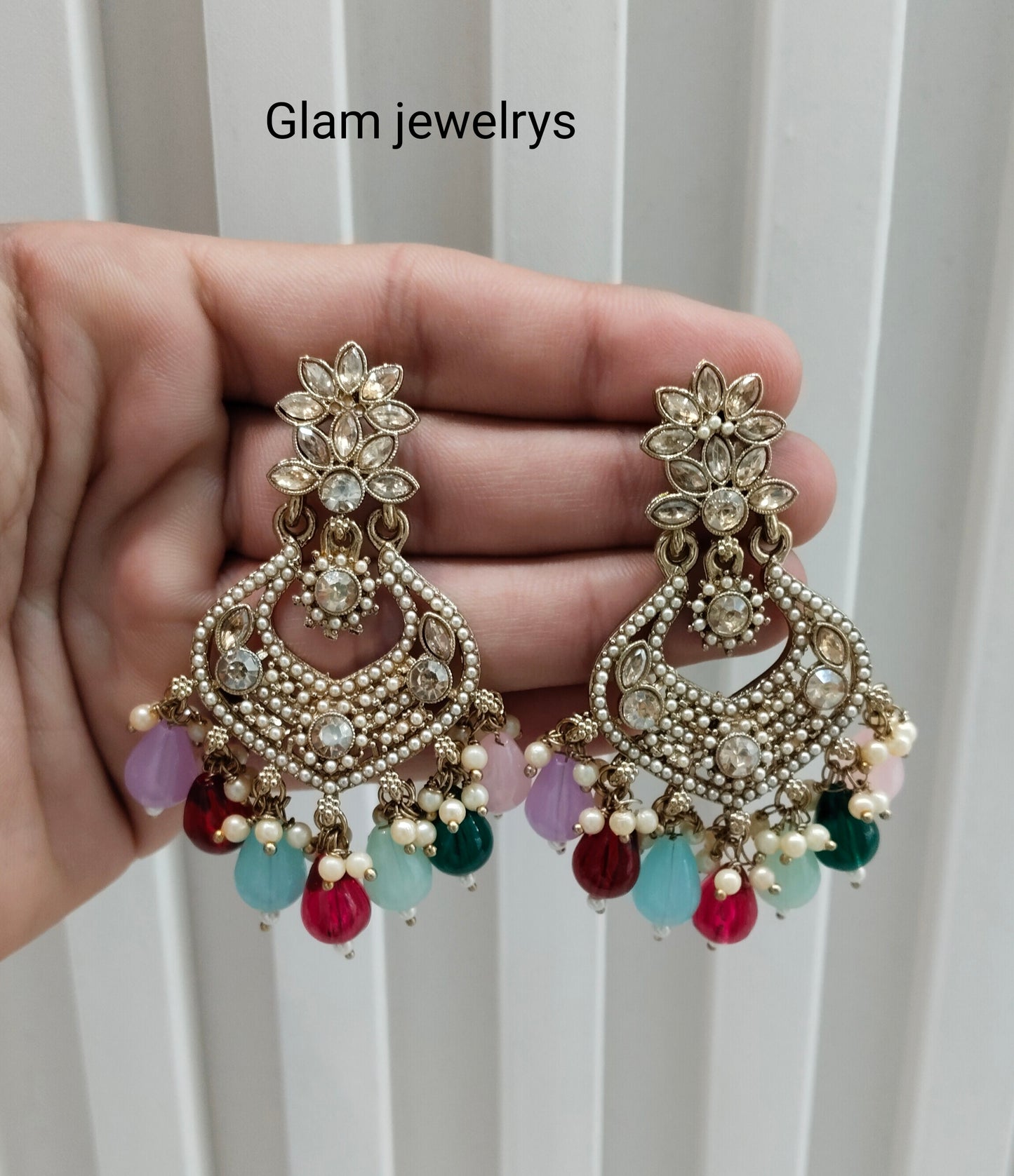 Multi Color Antique Gold Bollywood Mukhmantri Indian Earrings