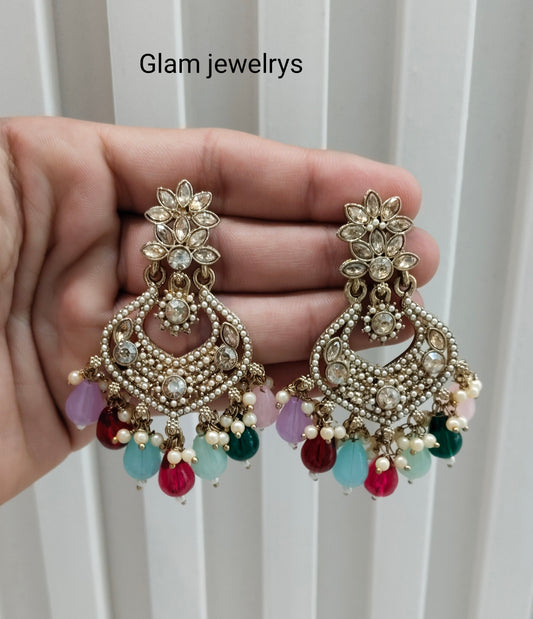 Multi Color Antique Gold Bollywood Mukhmantri Indian Earrings