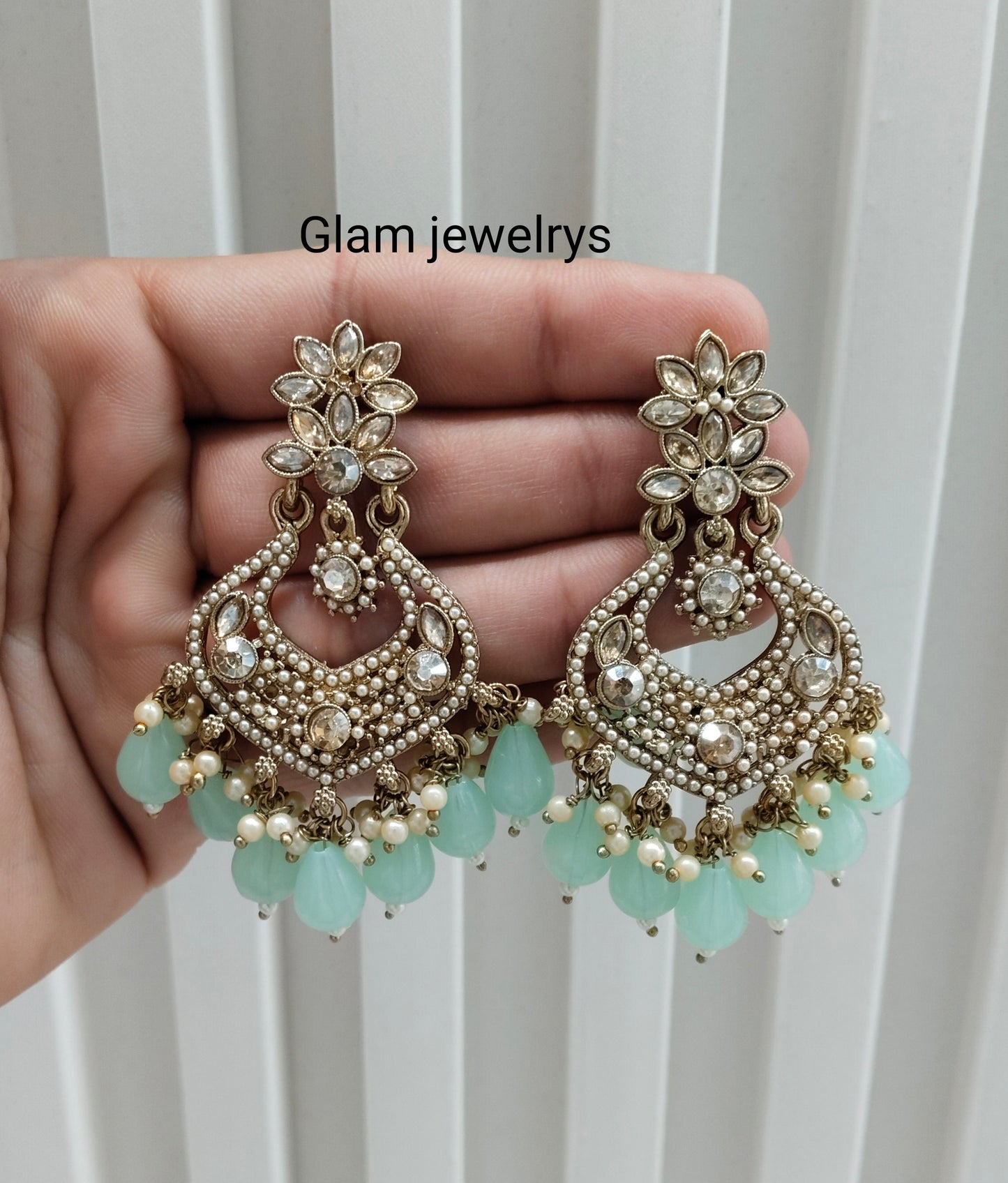 Pastel Green Antique Gold Bollywood Mukhmantri Indian Earrings