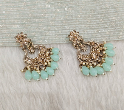 Pastel Green Antique Gold Bollywood Mukhmantri Indian Earrings
