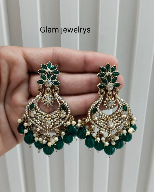 Green Antique Gold Bollywood Mukhmantri Indian Earrings