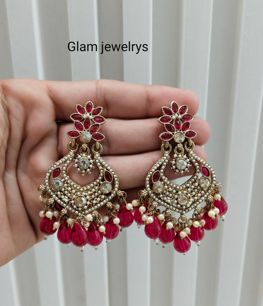 Majenta Antique Gold Bollywood Mukhmantri Indian Earrings