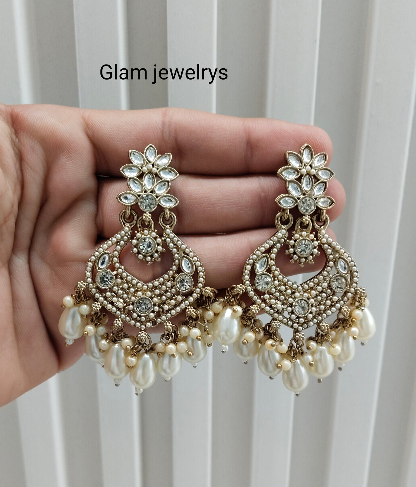White Antique Gold Bollywood Mukhmantri Indian Earrings