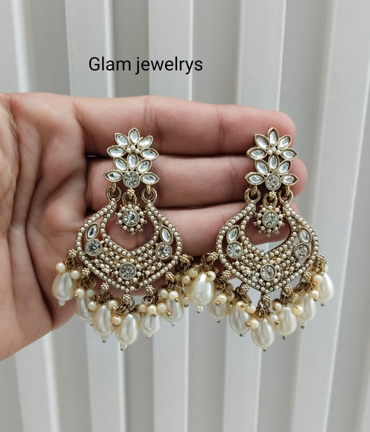 White Antique Gold Bollywood Mukhmantri Indian Earrings