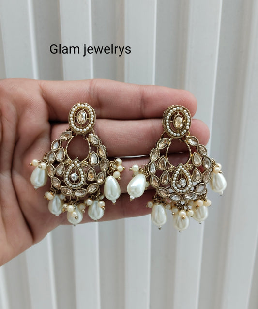 White Antique Gold Bollywood Kane Indian Earrings