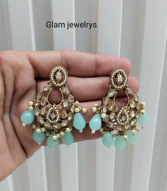 Pastel Green Antique Gold Bollywood Kane Indian Earrings