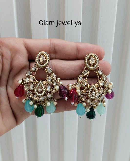 Multi Color Antique Gold Bollywood Kane Indian Earrings